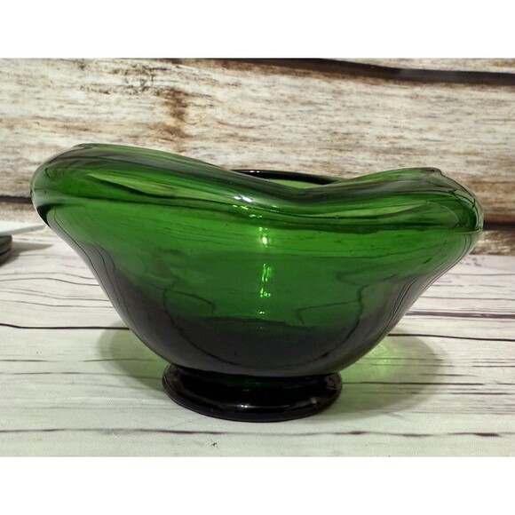 Unmarked Other - Mid Century Hunter Green Glass Bowl Waved Edge 5” X 3” Tall Vintage MCM Art